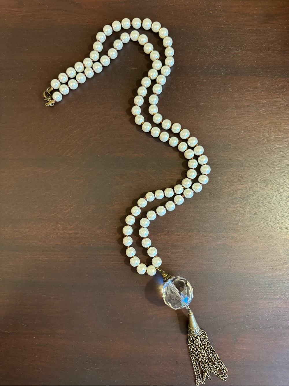 Long Pearl Necklace with Crystal-Like Bead & Chain Tassel